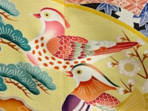 アンティーク　作家物　手描き友禅　地紙に花鳥模様留袖(比翼付き)